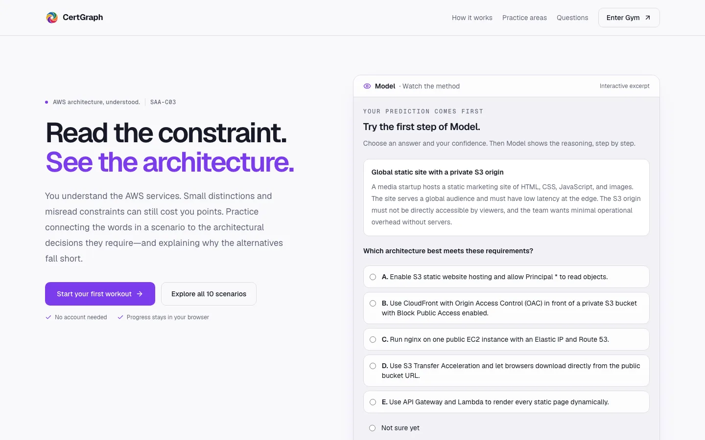 CertGraph landing page headed “Read the constraint. See the architecture.” beside an interactive excerpt asking which architecture fits a global static site with a private S3 origin.