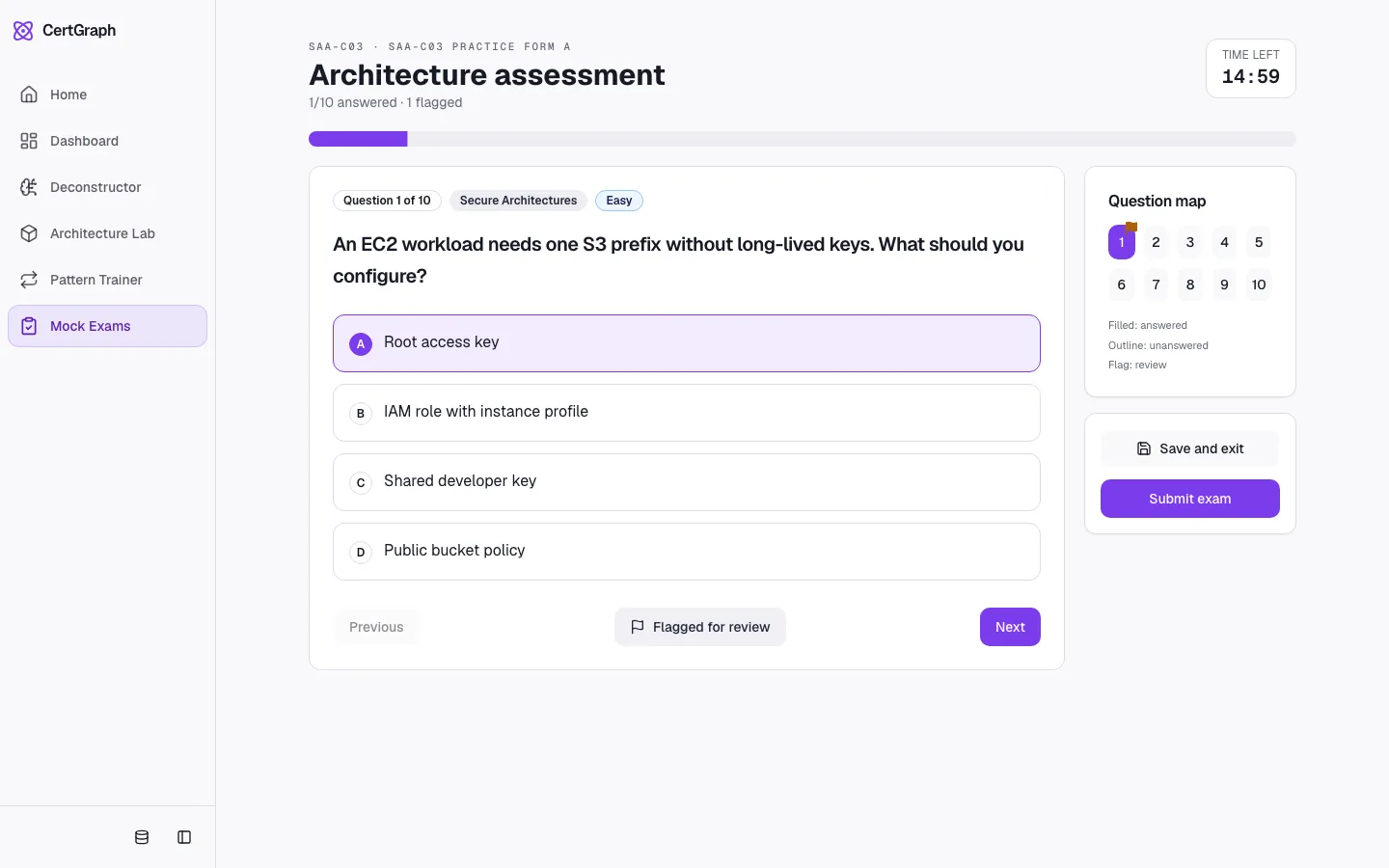 CertGraph mock exam in progress: question 1 of 10 on secure architectures with four answer options, a question map, and a timer.