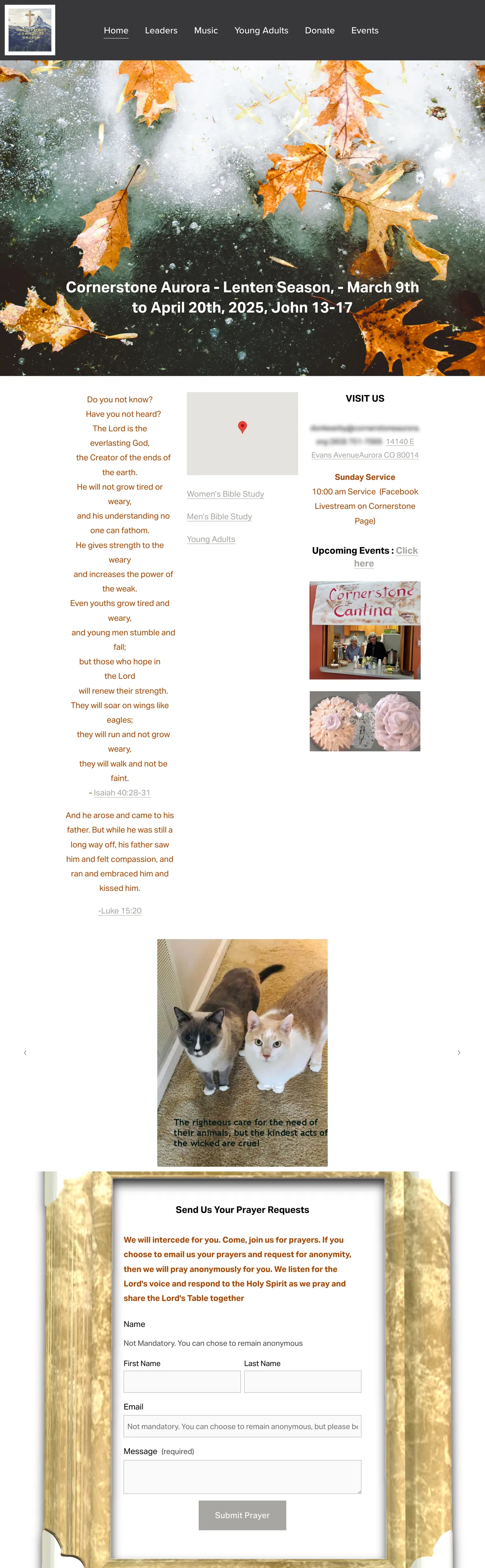 The entire old Cornerstone homepage on a laptop: a dark header and a large photo of autumn leaves with a Lent banner, then three narrow columns of scripture in orange text, a map, and visiting details, a photo carousel, and a prayer request form inside a gold picture frame.