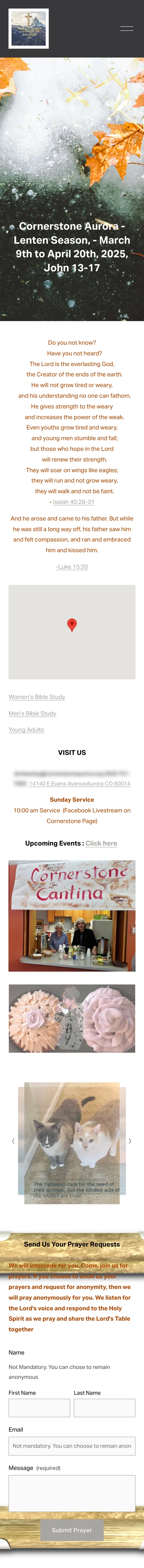 The entire old homepage on a phone: the leaves photo and Lent banner, a long column of scripture in orange text, a map placeholder, visiting details, event photos, a photo carousel, and the framed prayer form.
