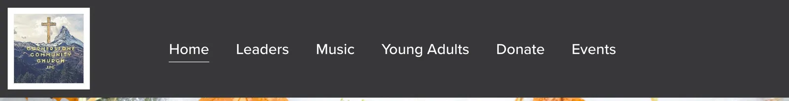 The old site header: a square photo logo on a dark bar with six links: Home, Leaders, Music, Young Adults, Donate, and Events.