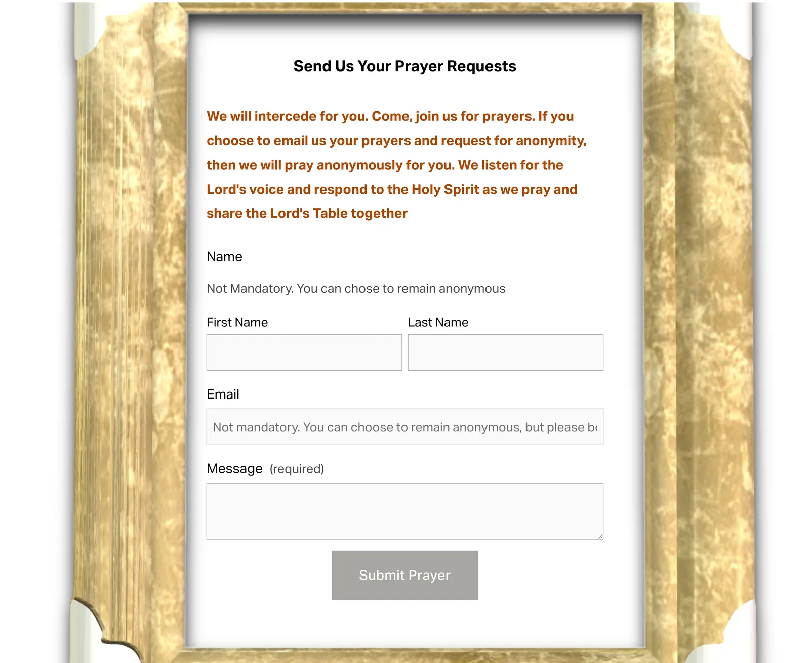 The old prayer request form: name, email, and message fields inside an ornate gold picture frame.
