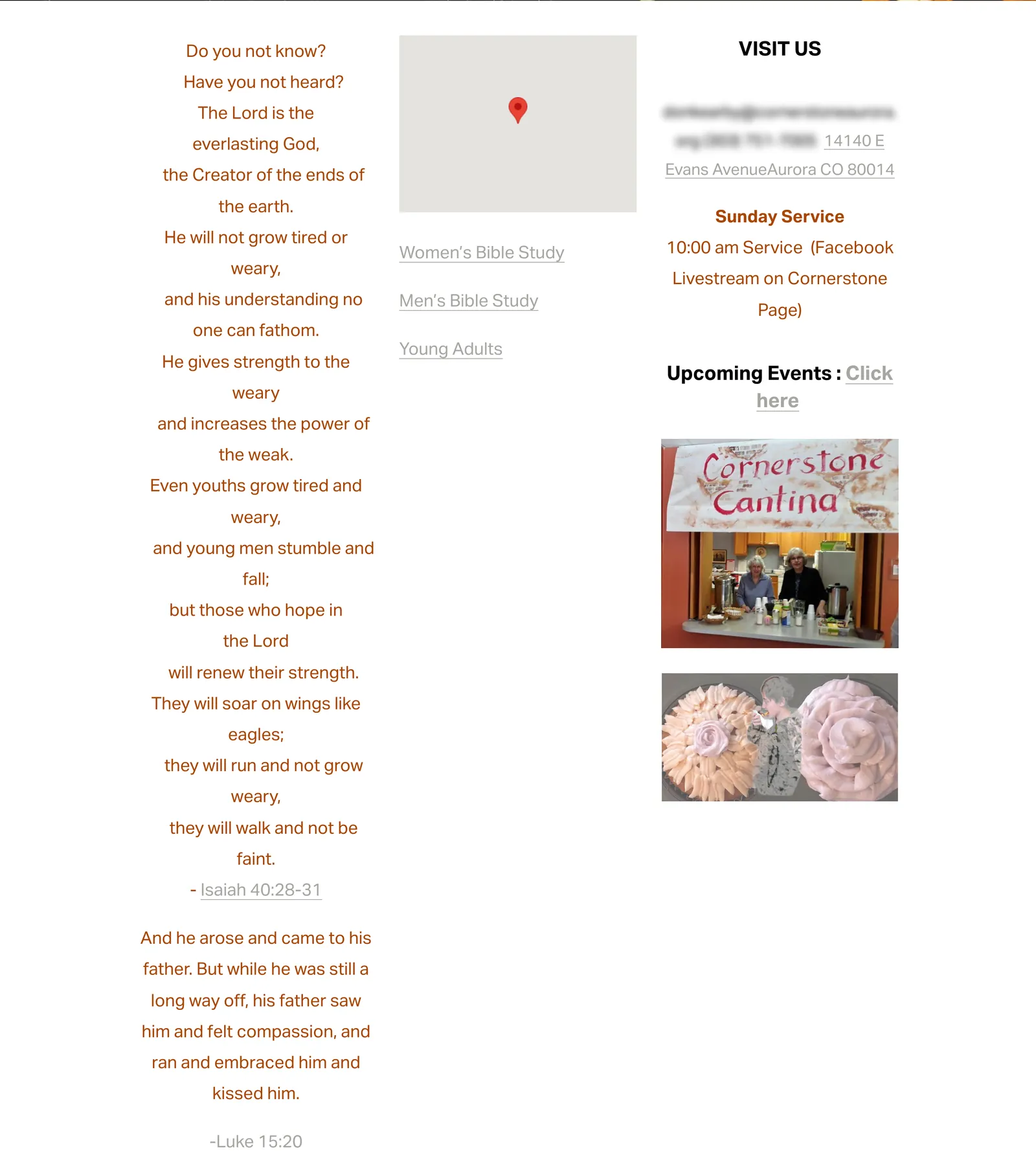 Part of the old homepage: three columns with Bible passages in centred orange text, a grey map placeholder with links to Bible studies, and a Visit Us column with event photos.