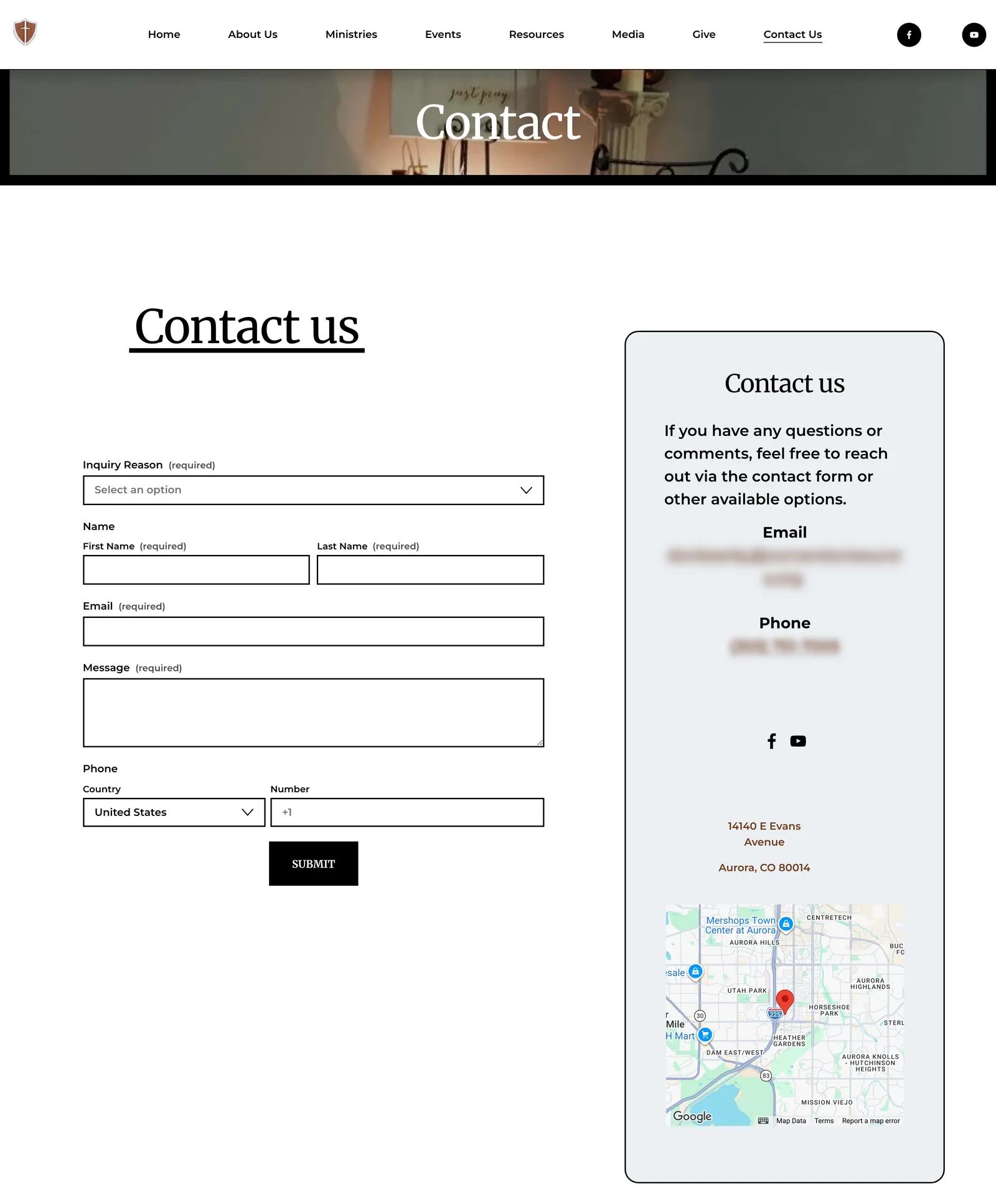 The redesigned Contact page: a form with an inquiry reason, name, email, message, and phone fields beside a contact card with a blurred email and phone number, the street address, and a map.
