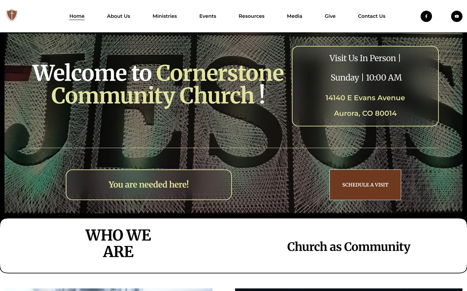 The redesigned Cornerstone homepage: a white header with a shield logo, eight menu items, and social links above a photo of large string-art letters, with the welcome, the Sunday 10:00 AM service time, the street address, and a Schedule a visit button.