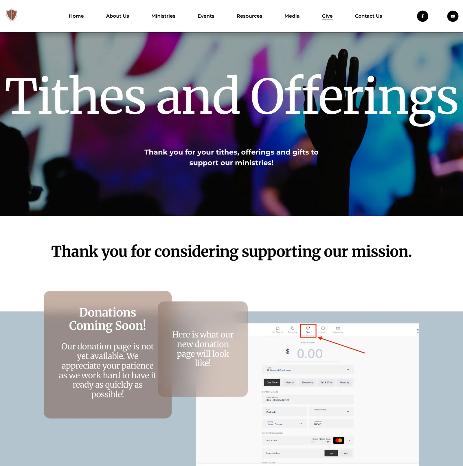 The Cornerstone giving page: a banner titled Tithes and Offerings, a thank-you line, and a Donations Coming Soon card beside a preview of the donation form.