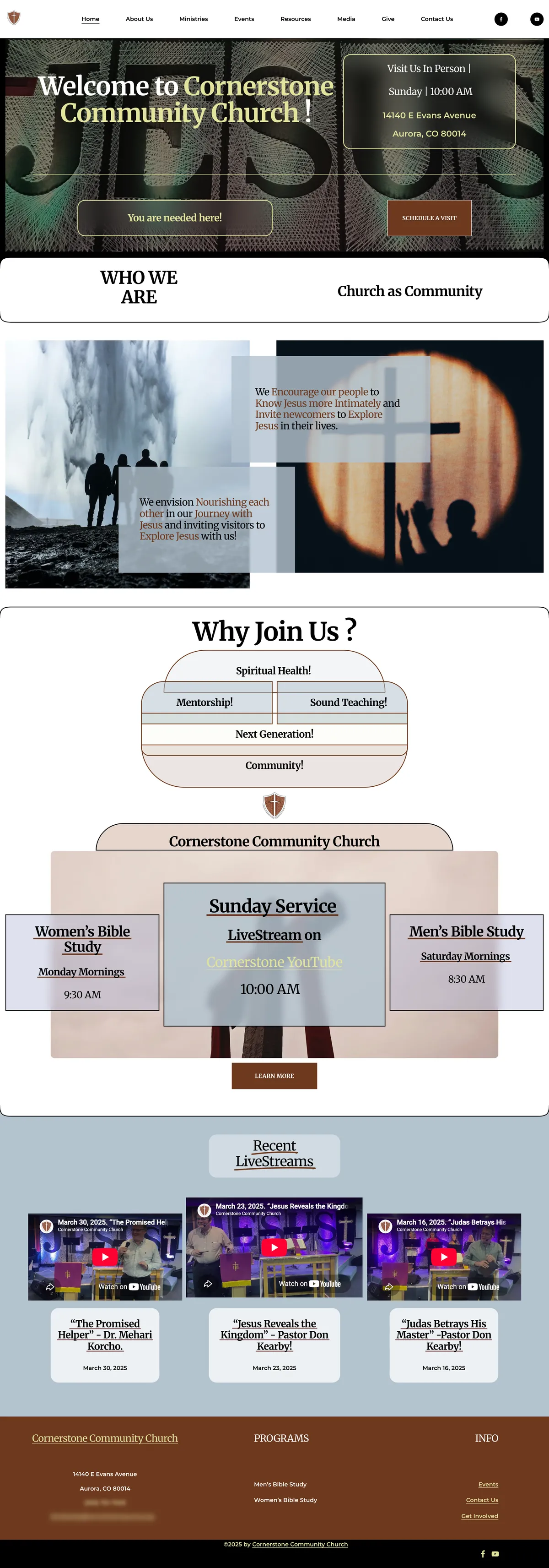 The entire redesigned homepage on a laptop: a welcome with the service time and address over a photo, a Who We Are band, mission statements over two photos, a Why Join Us diagram, cards for the Sunday service and Bible studies, recent livestreams, and a brown footer.
