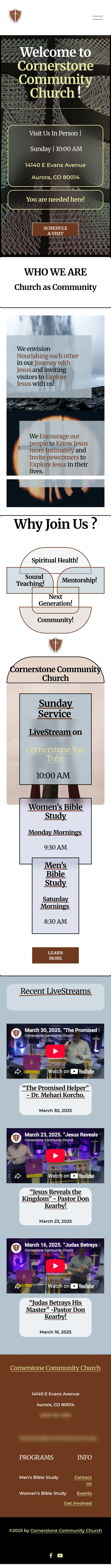 The entire redesigned homepage on a phone: the welcome and service details, Who We Are, mission statements, Why Join Us, cards for the Sunday service and Bible studies, three recent livestreams, and the footer.