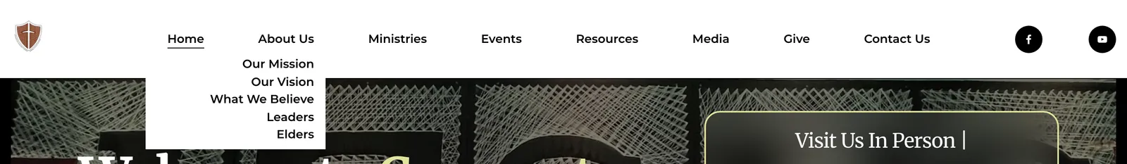 The redesigned header: a shield logo, eight links from Home to Contact Us, and social icons, with the About Us menu open to show Our Mission, Our Vision, What We Believe, Leaders, and Elders.