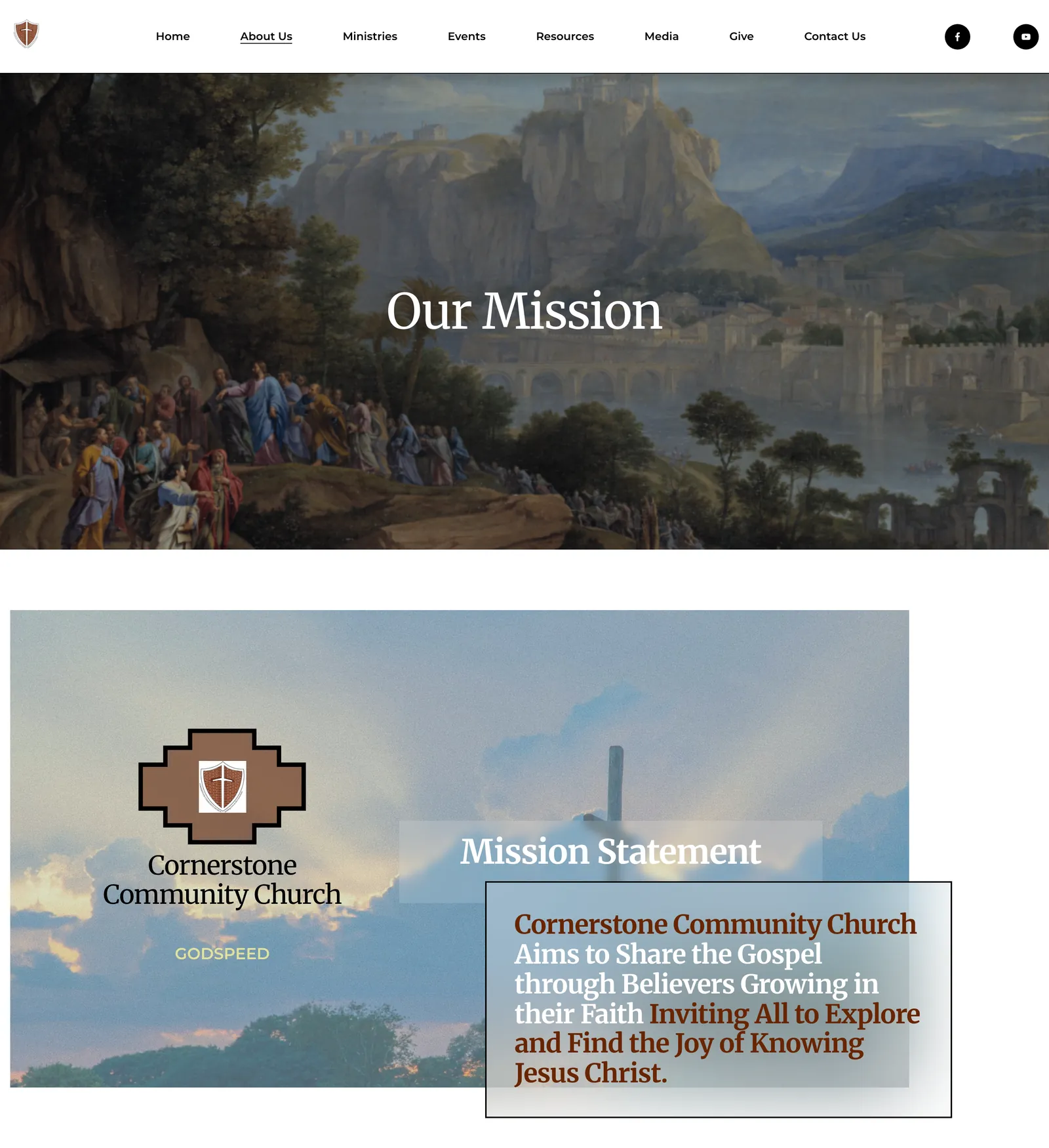 The Cornerstone Our Mission page: a painted banner titled Our Mission, then the mission statement over a photograph with the shield logo, and the start of a section on bringing the mission to life.