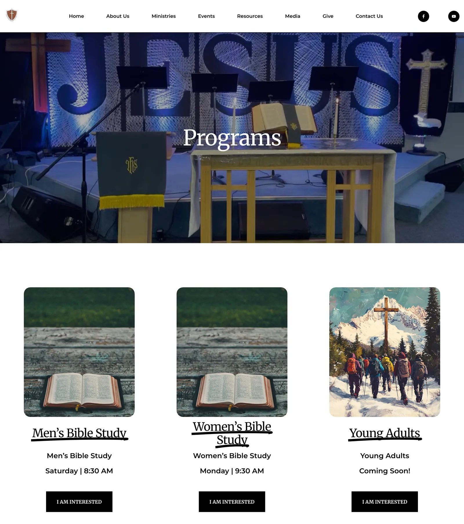 The Cornerstone Programs page: a banner photo of the sanctuary titled Programs, then cards for Men's Bible Study, Women's Bible Study, and Young Adults with meeting times and I am interested buttons.
