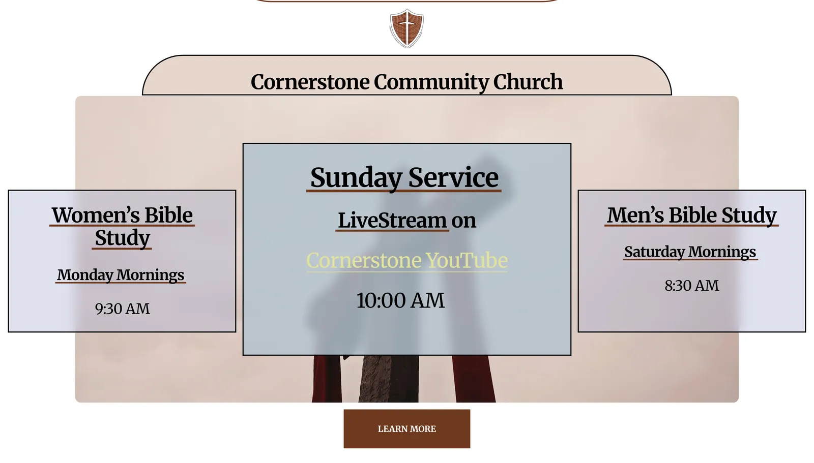 Close-up of the redesigned homepage: a Sunday Service card with the livestream link and the 10:00 AM time, between Women's Bible Study on Monday mornings at 9:30 AM and Men's Bible Study on Saturday mornings at 8:30 AM, above a Learn more button.