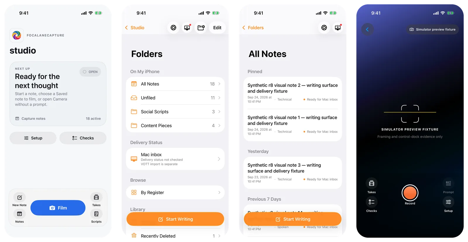 Four FocalaneCapture screens on an iPhone: Studio with a Ready for the next thought card and a Film button; Folders with 18 notes and a Mac inbox marked VOTT import is separate; All Notes listing synthetic notes; and the camera with a level guide over a simulator preview fixture.