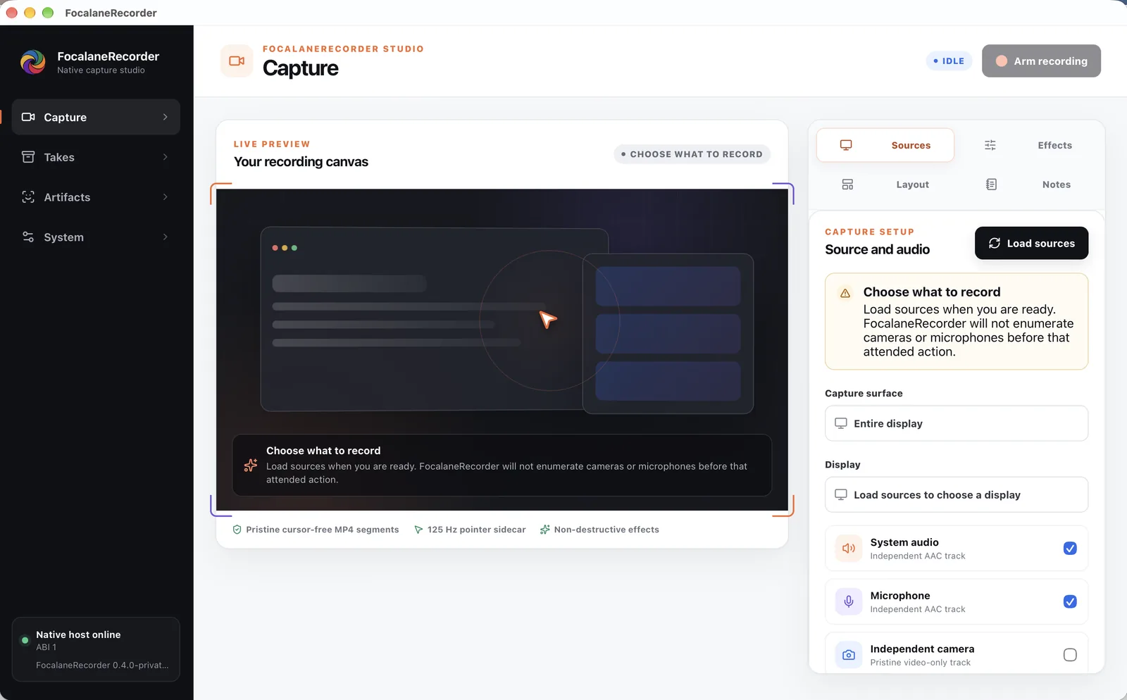 FocalaneRecorder Capture screen before any source is loaded: a recording canvas asking what to record, and a source panel with a Load sources button, system audio and microphone tracks, and an optional independent camera.