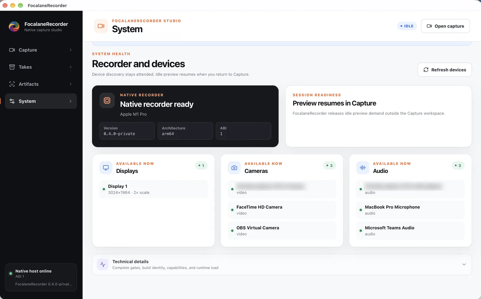 FocalaneRecorder System screen: the native recorder ready on Apple M1 Pro, version 0.4.0-private for arm64, with one display, three cameras, and three audio devices available. Two device names are blurred.