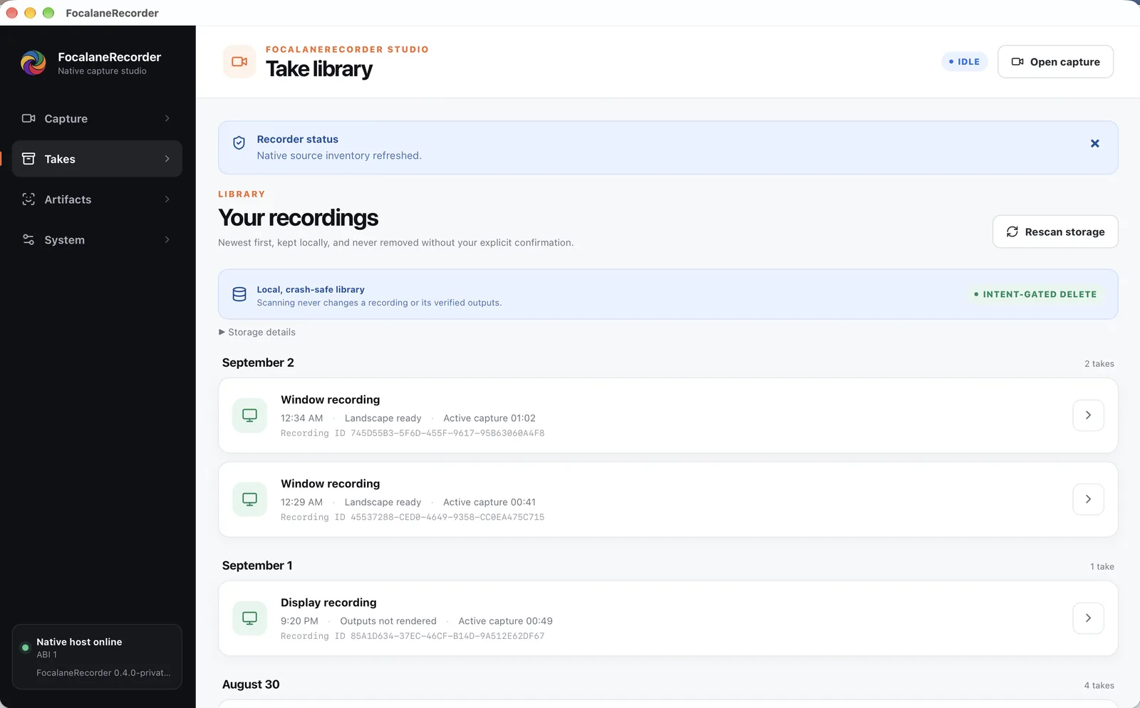 FocalaneRecorder take library titled “Your recordings”: a crash-safe local library with intent-gated delete, and window and display recordings grouped by day with their times, output state, length, and recording IDs.