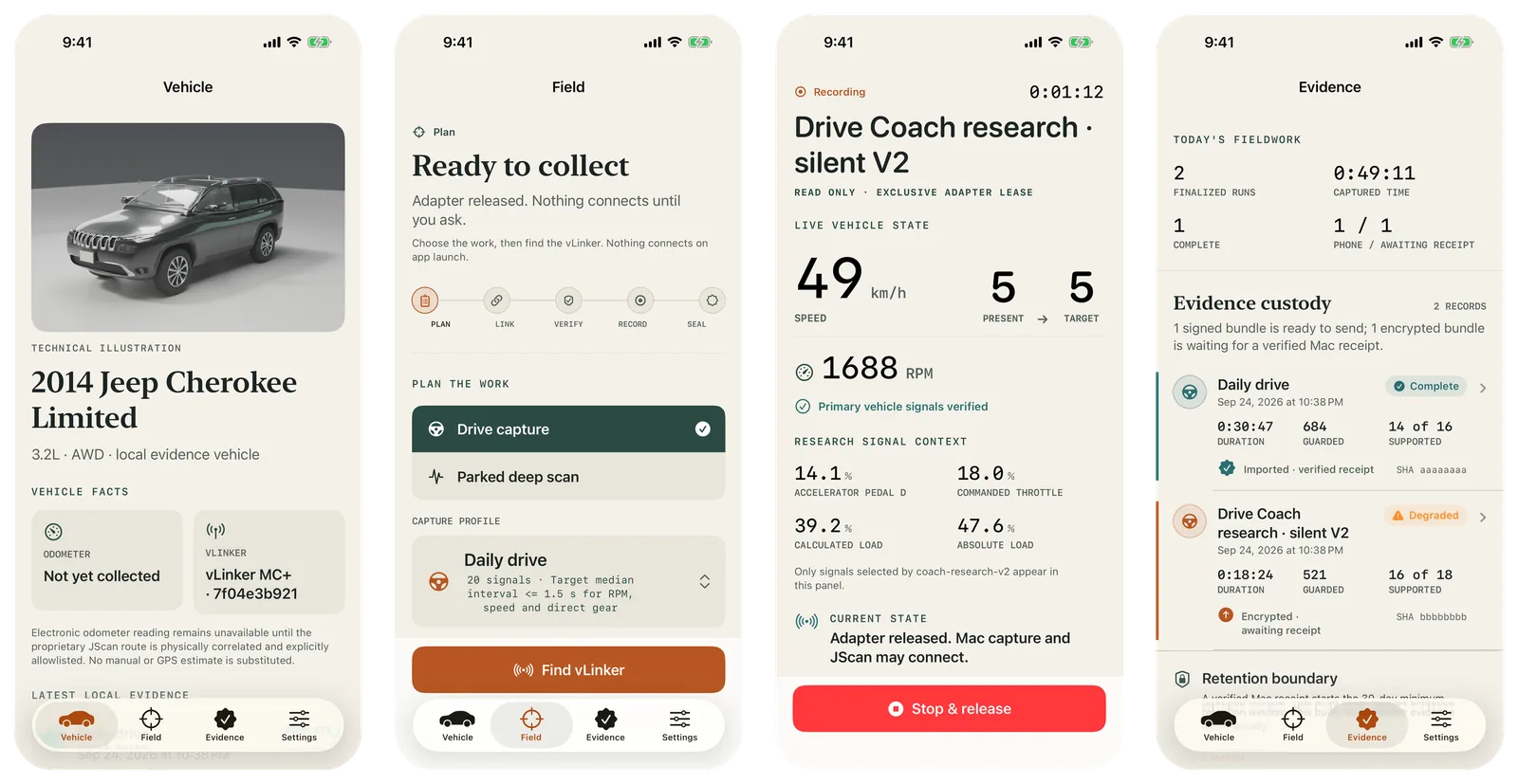 Four OBD2Tech Capture screens on an iPhone: the vehicle page with a 3D illustration of a 2014 Jeep Cherokee Limited, the field plan ready to collect, a live Drive Coach recording showing speed, gear, and RPM, and the evidence custody ledger.