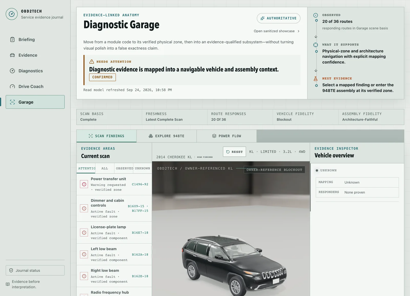 OBD2Tech Journal Diagnostic Garage: scan findings such as a power transfer unit warning and lamp faults beside a 3D model of a black Jeep Cherokee and an evidence inspector.